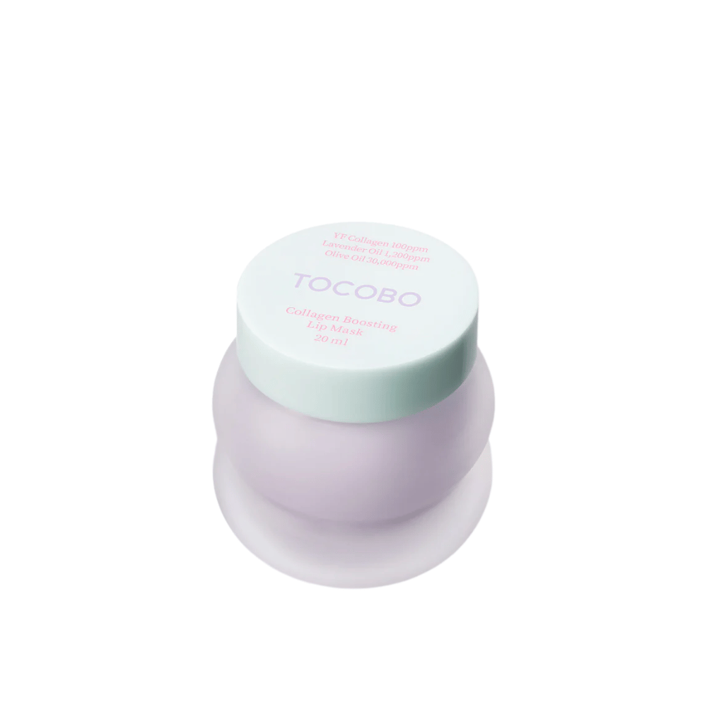 Gros plan sur un pot fermé TOCOBO Collagen Boosting Lip Mask avec un couvercle vert menthe sur fond blanc.