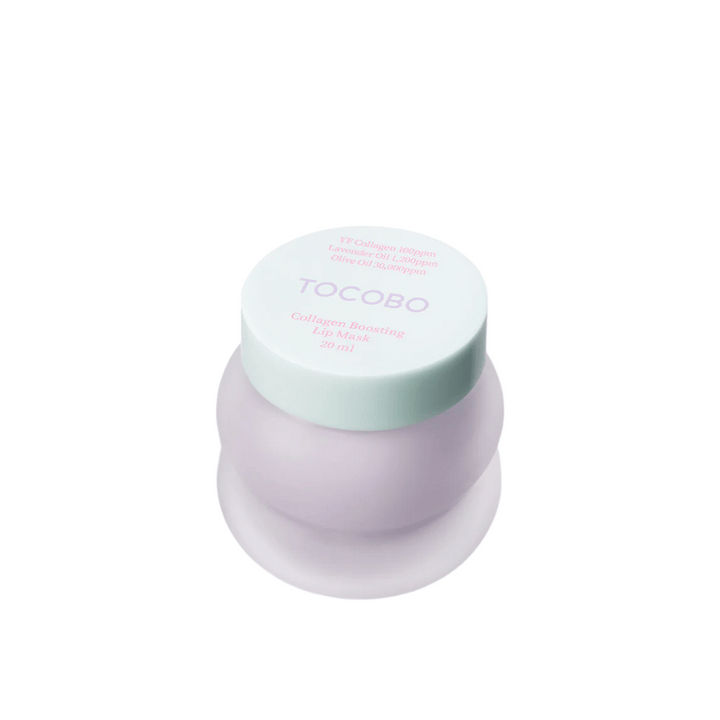 Gros plan sur un pot fermé TOCOBO Collagen Boosting Lip Mask avec un couvercle vert menthe sur fond blanc.