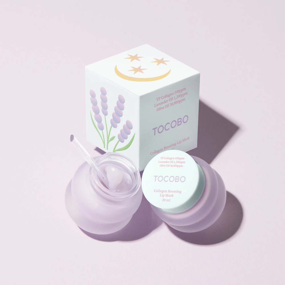 TOCOBO Collagen Boosting Lip Mask avec un emballage décoré de lavande et de symboles lunaires.