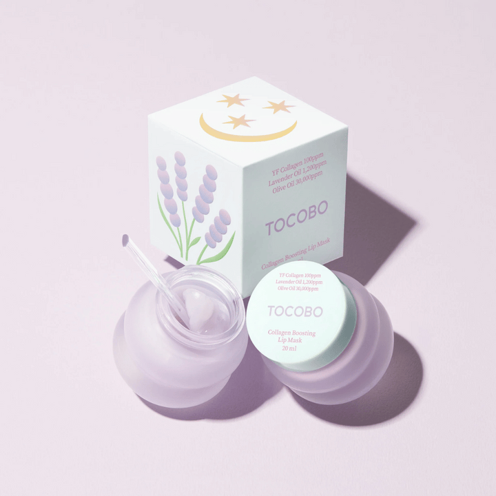 TOCOBO Collagen Boosting Lip Mask avec un emballage décoré de lavande et de symboles lunaires.