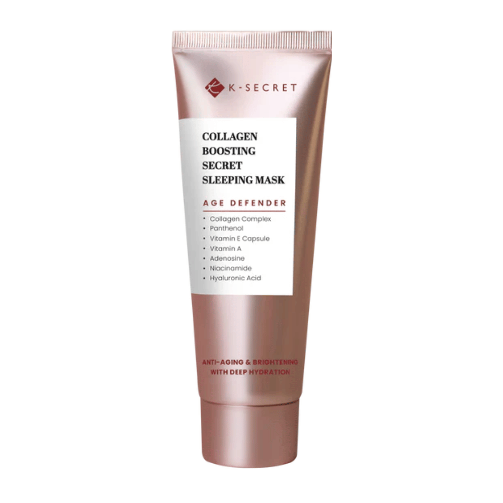 Image du produit sur K-SECRET Collagen Boosting Secret Sleeping Mask dans un tube de couleur or rose avec un texte mettant en avant l'anti-âge, l'hydratation et des ingrédients tels que le collagène, le panthénol et l'acide hyaluronique.