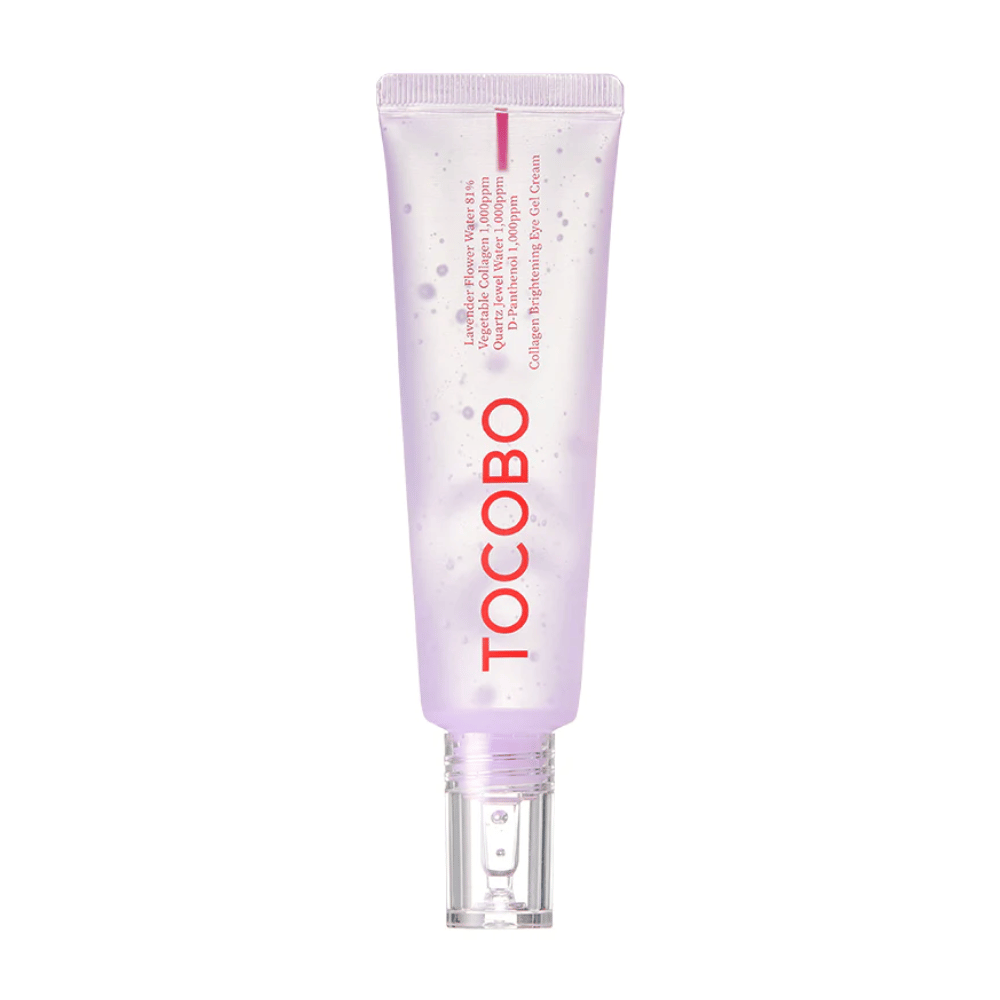 Le produit sur l'image est "Collagen Brightening Eye Gel Cream" de TOCOBO. C'est un gel pour les yeux dans un tube violet avec des points blancs, conçu pour éclaircir et améliorer l'apparence de la peau autour des yeux.