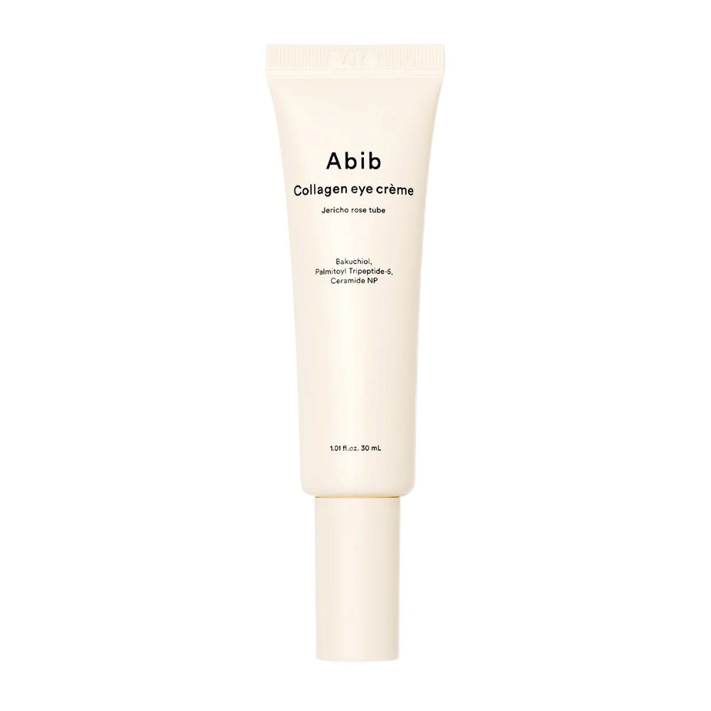 Image du produit de Abib Collagen Eye Crème – Jericho Rose Tube 30 ml. Contient du bakuchiol, des tripeptides et des céramides pour une peau plus ferme.