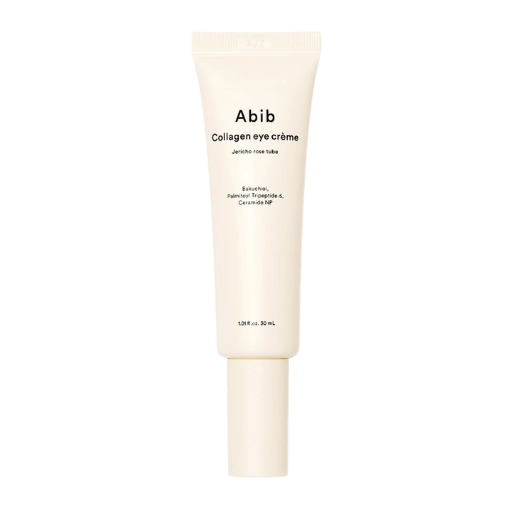 Image du produit de Abib Collagen Eye Crème – Jericho Rose Tube 30 ml. Contient du bakuchiol, des tripeptides et des céramides pour une peau plus ferme.