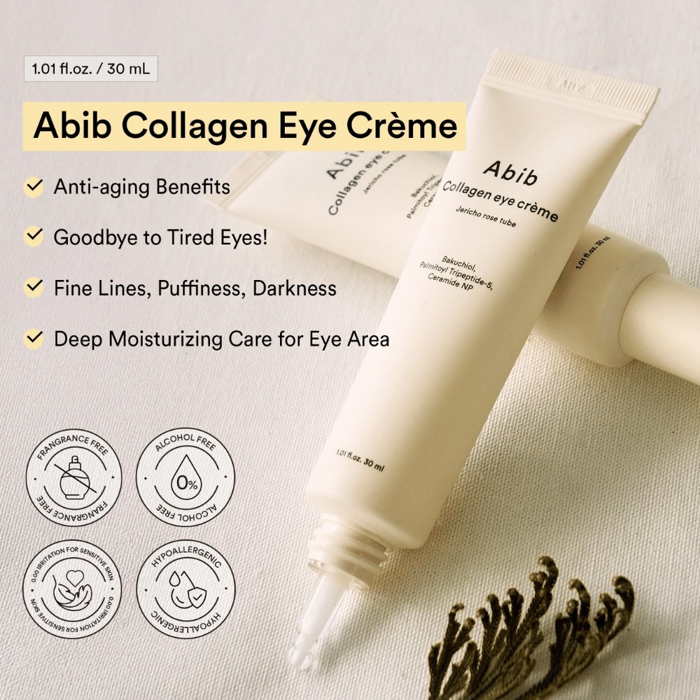 Abib Collagen Eye Crème avec texte sur l'anti-âge et l'hydratation intense pour la zone autour des yeux. Sans alcool, sans parfum et hypoallergénique.