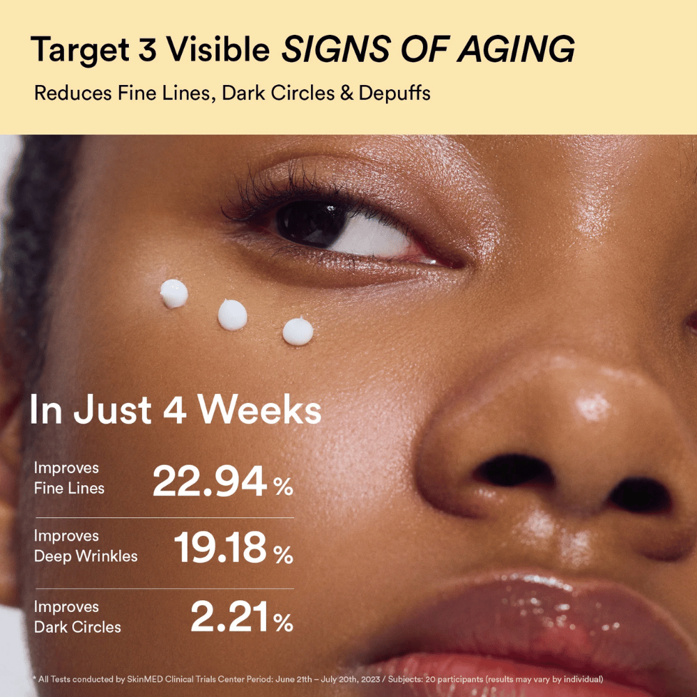 Gros plan sur la zone des yeux avec trois points de Abib Collagen Eye Crème. Montre des résultats documentés sur les rides et les cernes.