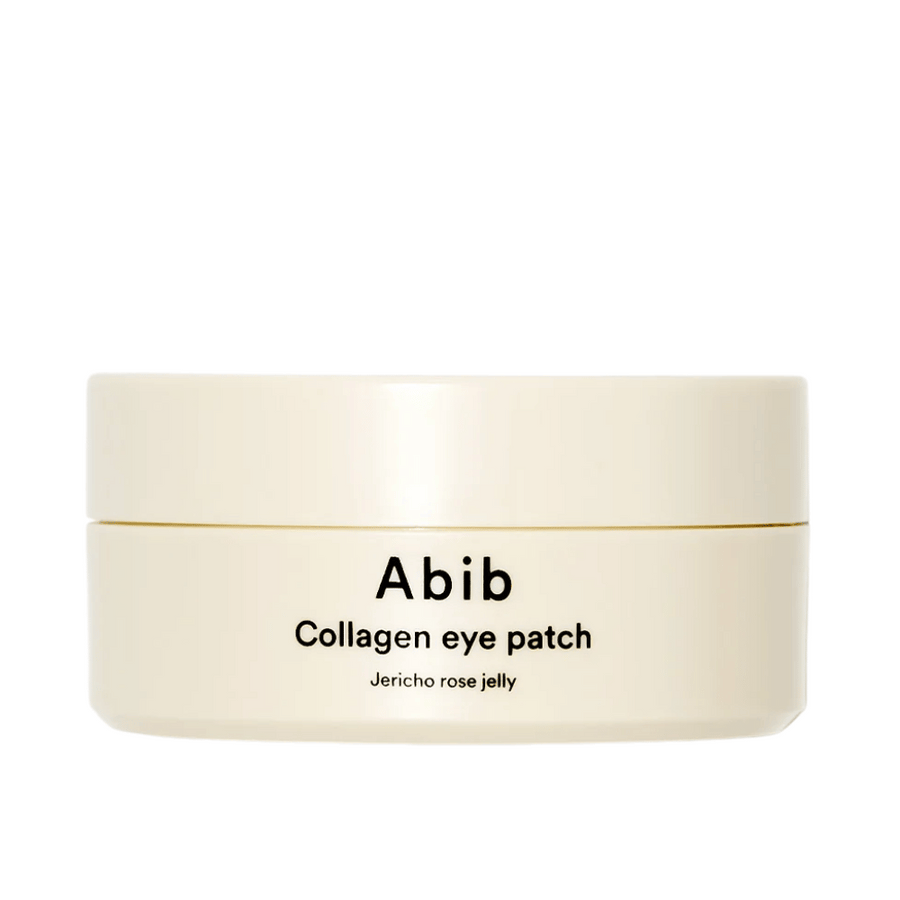 Emballage de Abib Collagen Eye Patch Jericho Rose Jelly - un pot beige avec texte noir, conçu pour prendre soin de la zone sous les yeux avec du collagène et des ingrédients hydratants.
