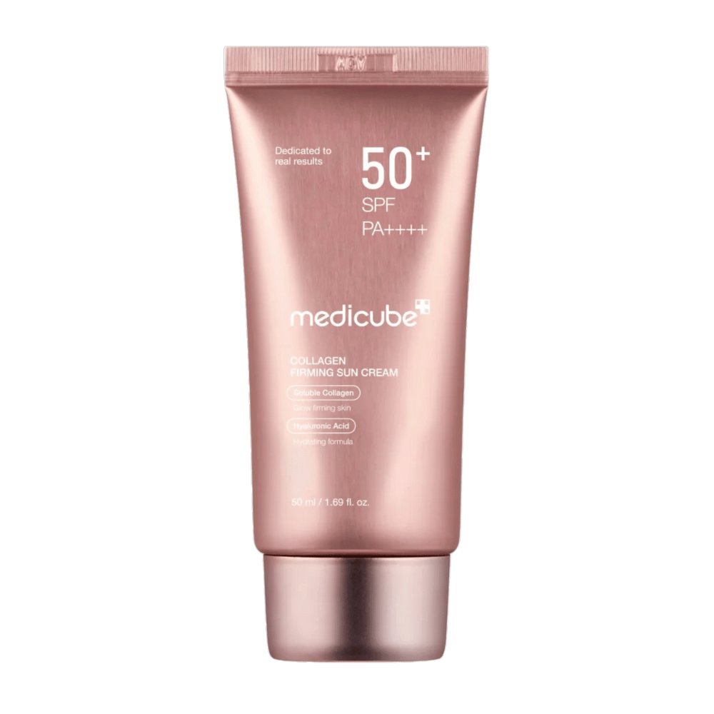 Medicube Collagen Firming Sun Cream SPF 50+ en tube rose doré – protection solaire avec collagène et acide hyaluronique qui donne une peau plus ferme, hydratée et éclatante.