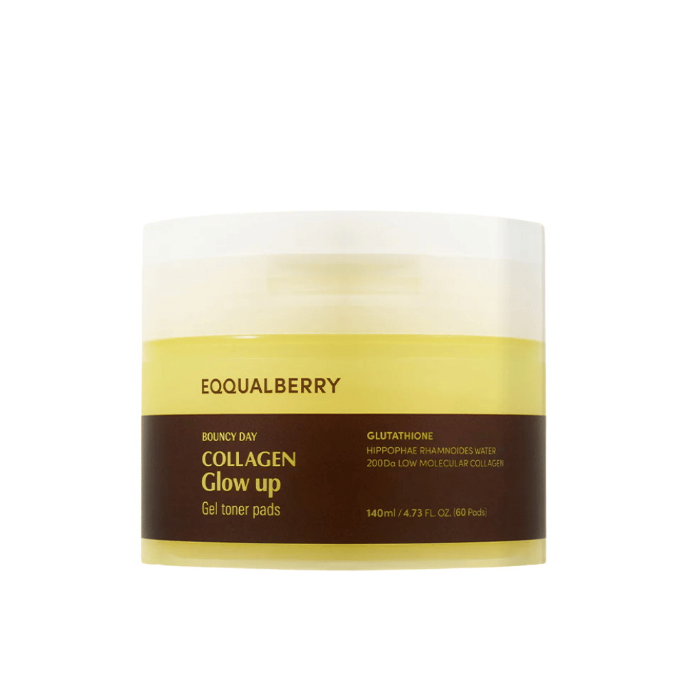 Bouncy Day Collagen Glow Up Gel Toner Pads, contenant du collagène à faible poids moléculaire et du glutathion, pour améliorer l'élasticité de la peau et donner un éclat de jeunesse. Emballage de 60 tampons.