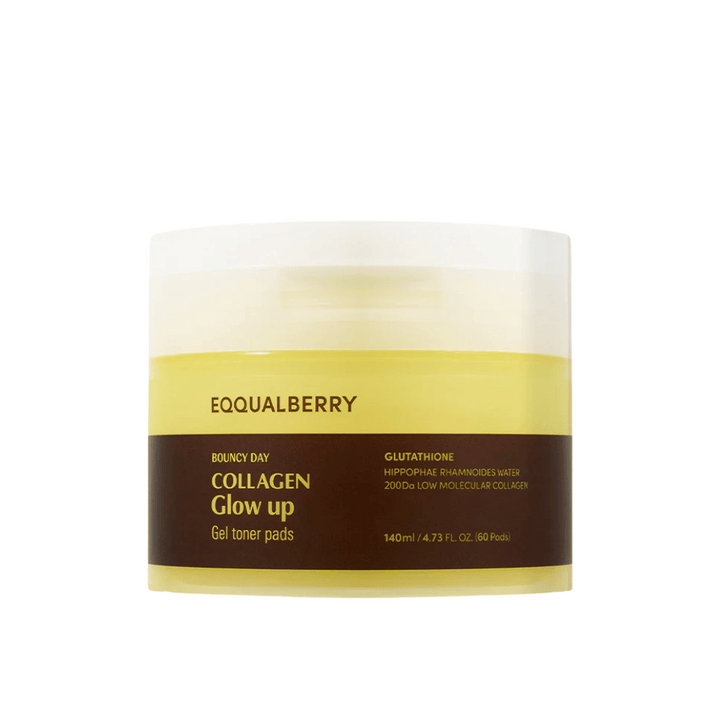 Bouncy Day Collagen Glow Up Gel Toner Pads, contenant du collagène à faible poids moléculaire et du glutathion, pour améliorer l'élasticité de la peau et donner un éclat de jeunesse. Emballage de 60 tampons.