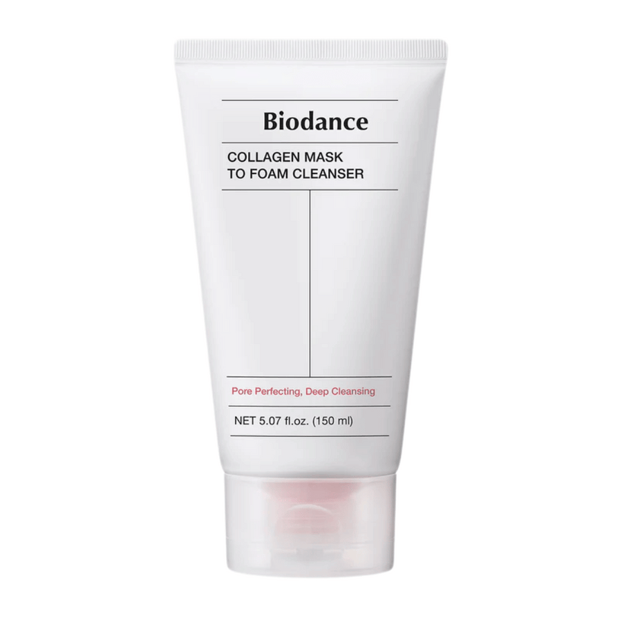 Image du produit sur Biodance Collagen Mask to Foam Cleanser dans un tube blanc avec texte noir et détails roses. Contient 150 ml et est commercialisé comme nettoyant en profondeur et améliorant les pores.