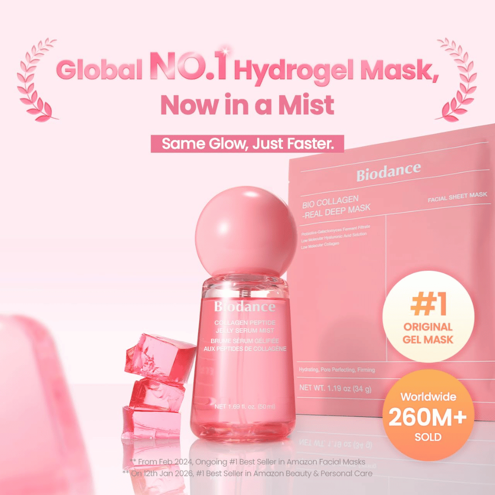 Biodance Collagen Peptide Jelly Serum Mist avec Biodance Bio-Collagen Real Deep Mask – soin inspiré de l’hydrogel pour l’éclat et l’hydratation.