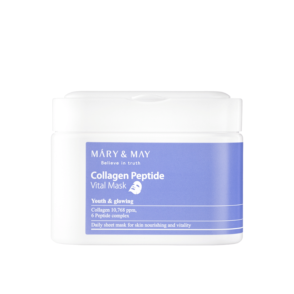 Collagen Peptide Vital Mask" de MARY & MAY dans un pot blanc et violet. Le produit contient 10,768 ppm de collagène et un complexe de peptides pour nourrir et illuminer la peau. Ce masque facial quotidien est conçu pour donner un teint jeune et éclatant.