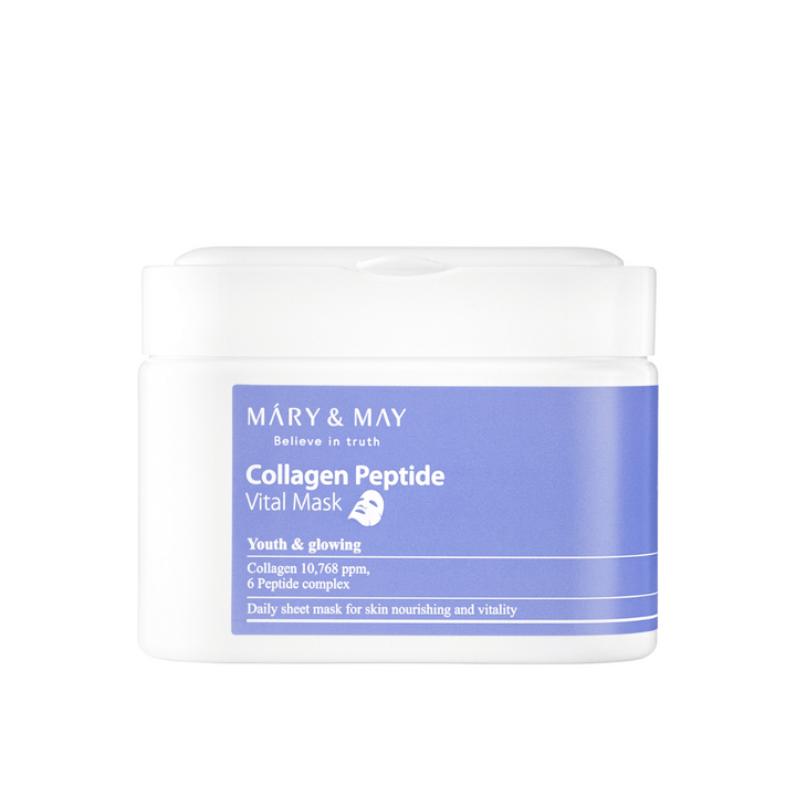 Collagen Peptide Vital Mask" de MARY & MAY dans un pot blanc et violet. Le produit contient 10,768 ppm de collagène et un complexe de peptides pour nourrir et illuminer la peau. Ce masque facial quotidien est conçu pour donner un teint jeune et éclatant.