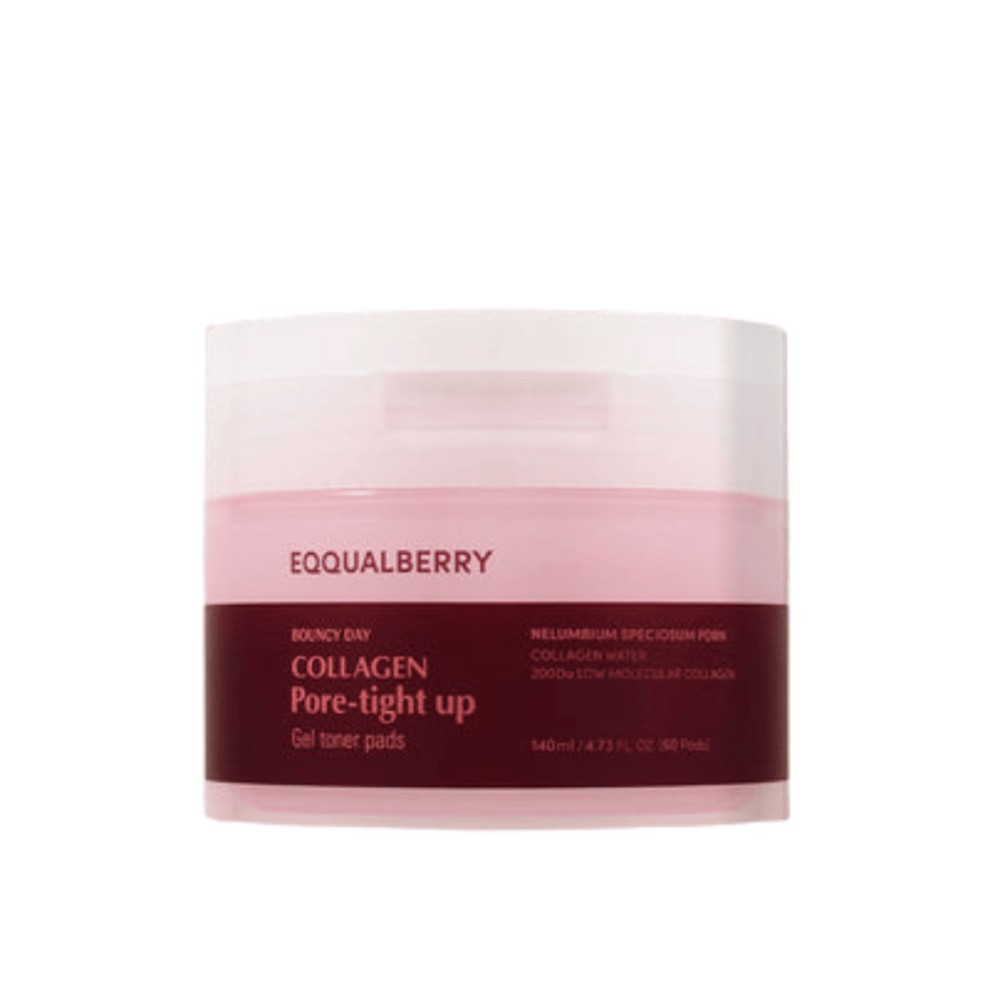 Un pot de Bouncy Day Collagen Pore-Tight Up Gel Toner Pads. Le pot est rose et rouge, et contient 140 ml de produit qui aide à raffermir la peau et à réduire la taille des pores.