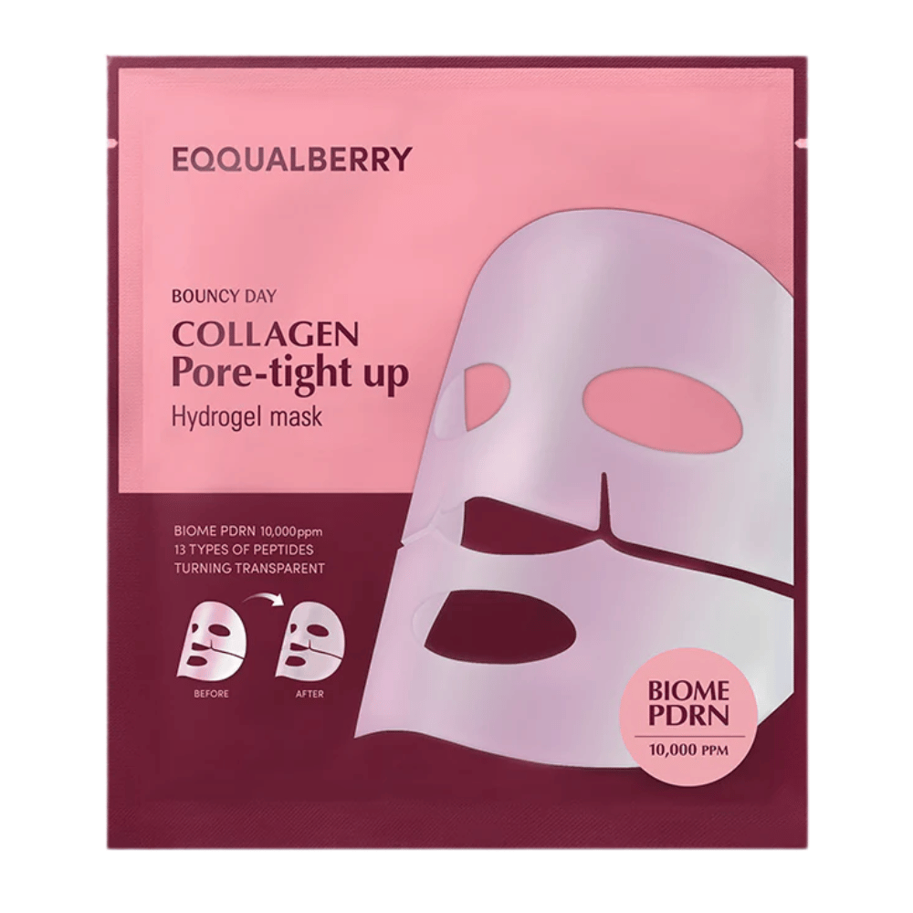 L'emballage pour Collagen Pore-tight Up Hydrogel Mask, un masque facial avec biome PDRN et 13 types de peptides, est visible dans un emballage rose avec des images avant et après des effets du masque.