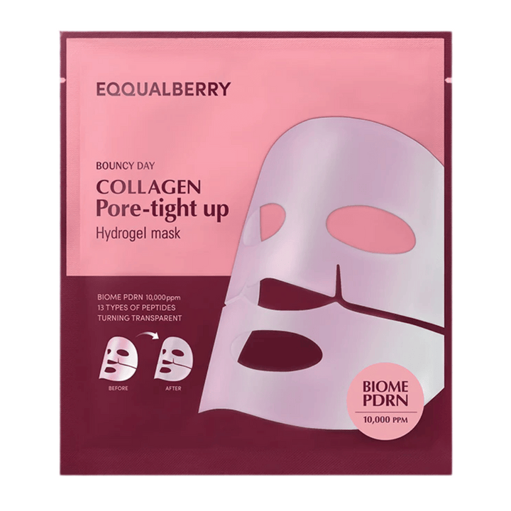 L'emballage pour Collagen Pore-tight Up Hydrogel Mask, un masque facial avec biome PDRN et 13 types de peptides, est visible dans un emballage rose avec des images avant et après des effets du masque.