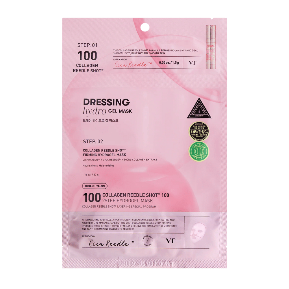 Emballage de VT Collagen Reedle Shot 100 2-Step Hydrogel Mask en design rose. Montre l'étape 1 avec Cica Reedle™ et l'étape 2 avec un masque hydrogel raffermissant contenant CICAHYALON™ et un extrait de collagène 500Da.