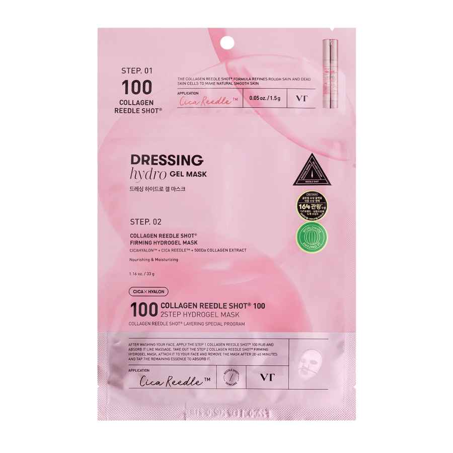 Emballage de VT Collagen Reedle Shot 100 2-Step Hydrogel Mask en design rose. Montre l'étape 1 avec Cica Reedle™ et l'étape 2 avec un masque hydrogel raffermissant contenant CICAHYALON™ et un extrait de collagène 500Da.