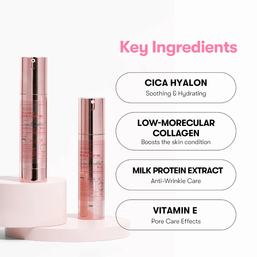 Gros plan sur VT Collagen Reedle Shot 100 et ses ingrédients clés : Cica Hyalon, collagène, protéine de lait et vitamine E.