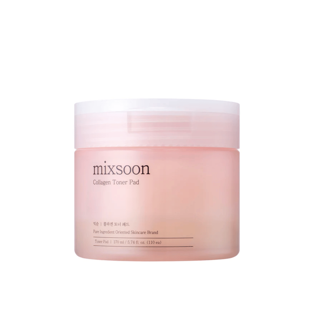 Mixsoon Collagen Toner Pad dans un élégant pot rose avec 110 tampons – toner hydratant pour les soins quotidiens de la peau.