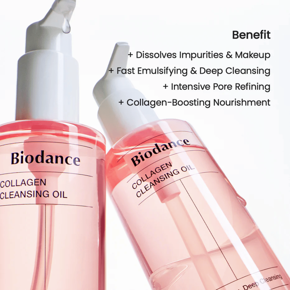 Deux flacons de Biodance Collagen Cleansing Oil avec un liquide teinté rose et une pompe blanche, disposés sur un fond clair. Le texte énumère des avantages tels que nettoyage en profondeur, démaquillage et soutien du collagène.