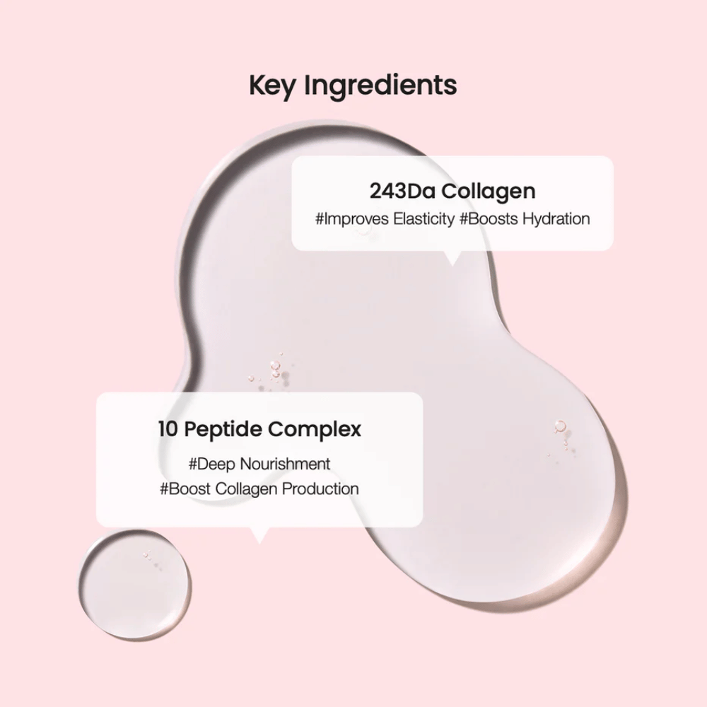 Gros plan sur les ingrédients clés d'un produit de soin de la peau, avec des gouttes translucides sur fond rose. Le texte montre 243Da Collagen et 10 Peptide Complex avec des avantages tels qu'une élasticité accrue et une nutrition profonde.