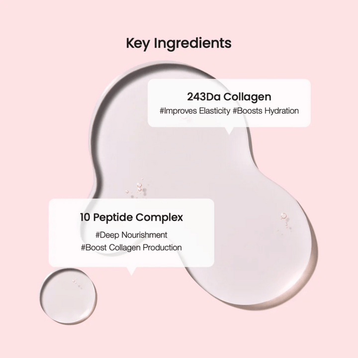 Gros plan sur les ingrédients clés d'un produit de soin de la peau, avec des gouttes translucides sur fond rose. Le texte montre 243Da Collagen et 10 Peptide Complex avec des avantages tels qu'une élasticité accrue et une nutrition profonde.