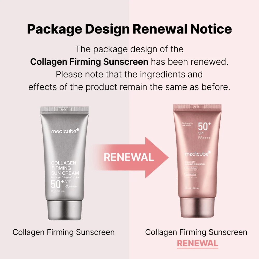 Medicube Collagen Firming Sunscreen a un nouveau design d'emballage – d'un tube argenté à un rose doré, avec les mêmes ingrédients et effets qu'auparavant.