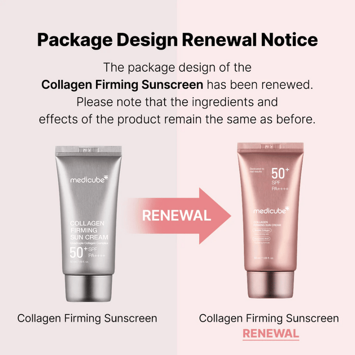 Medicube Collagen Firming Sunscreen a un nouveau design d'emballage – d'un tube argenté à un rose doré, avec les mêmes ingrédients et effets qu'auparavant.