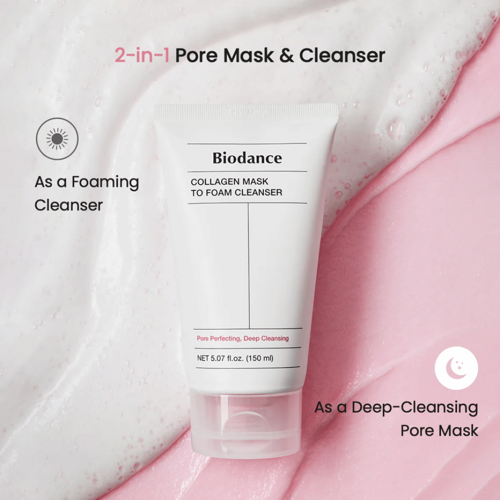 Image de Biodance Collagen Mask to Foam Cleanser placée sur une texture de nettoyage rose et blanche. Le produit est décrit comme un masque nettoyant 2-en-1 pour les pores et un nettoyant moussant.