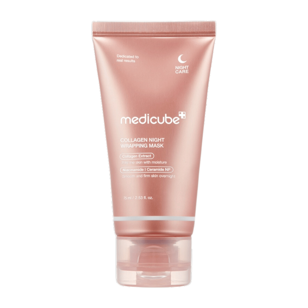 Medicube Collagen Night Wrapping Mask, un masque de nuit avec extrait de collagène qui hydrate et renforce la peau pendant la nuit. Contient de la niacinamide et de la céramide NP pour une peau plus lisse et plus ferme. Contenu : 75 ml.