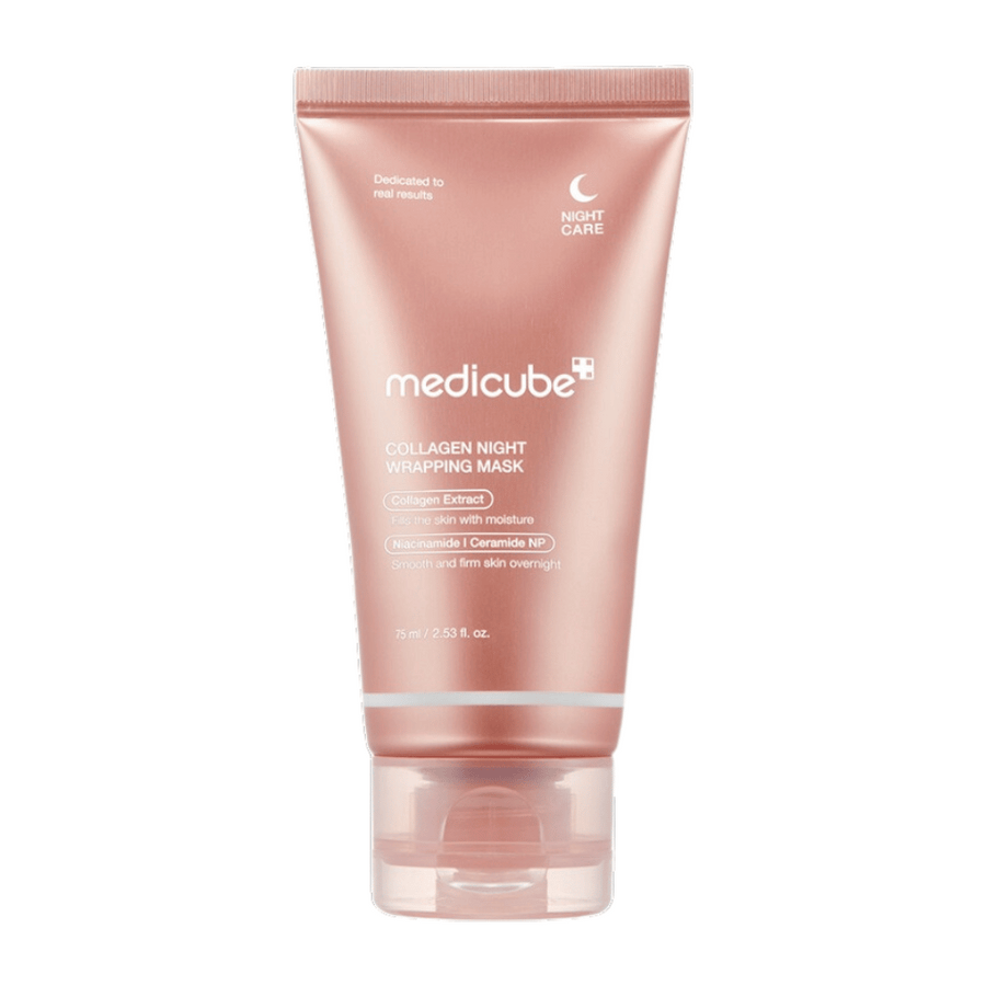 Medicube Collagen Night Wrapping Mask, un masque de nuit avec extrait de collagène qui hydrate et renforce la peau pendant la nuit. Contient de la niacinamide et de la céramide NP pour une peau plus lisse et plus ferme. Contenu : 75 ml.