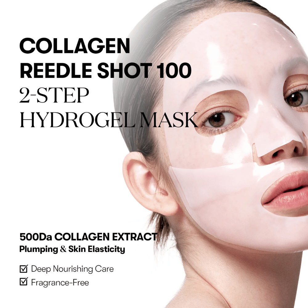 Gros plan sur une femme portant un masque hydrogel transparent en 2 étapes. Le texte sur l'image fait la promotion de "Collagen Reedle Shot 100" avec un extrait de collagène 500Da pour l'élasticité de la peau, ainsi que le fait que le produit est sans parfum et offre une nutrition profonde.