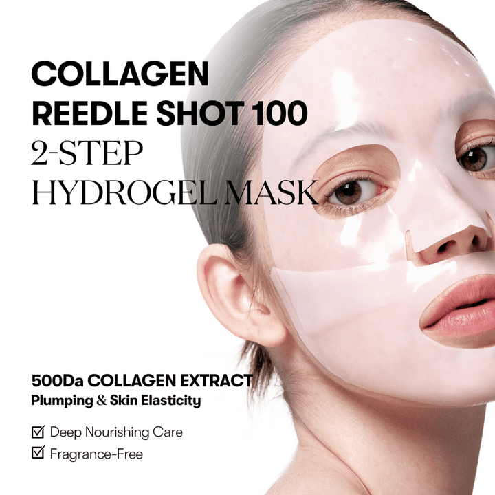 Gros plan sur une femme portant un masque hydrogel transparent en 2 étapes. Le texte sur l'image fait la promotion de "Collagen Reedle Shot 100" avec un extrait de collagène 500Da pour l'élasticité de la peau, ainsi que le fait que le produit est sans parfum et offre une nutrition profonde.
