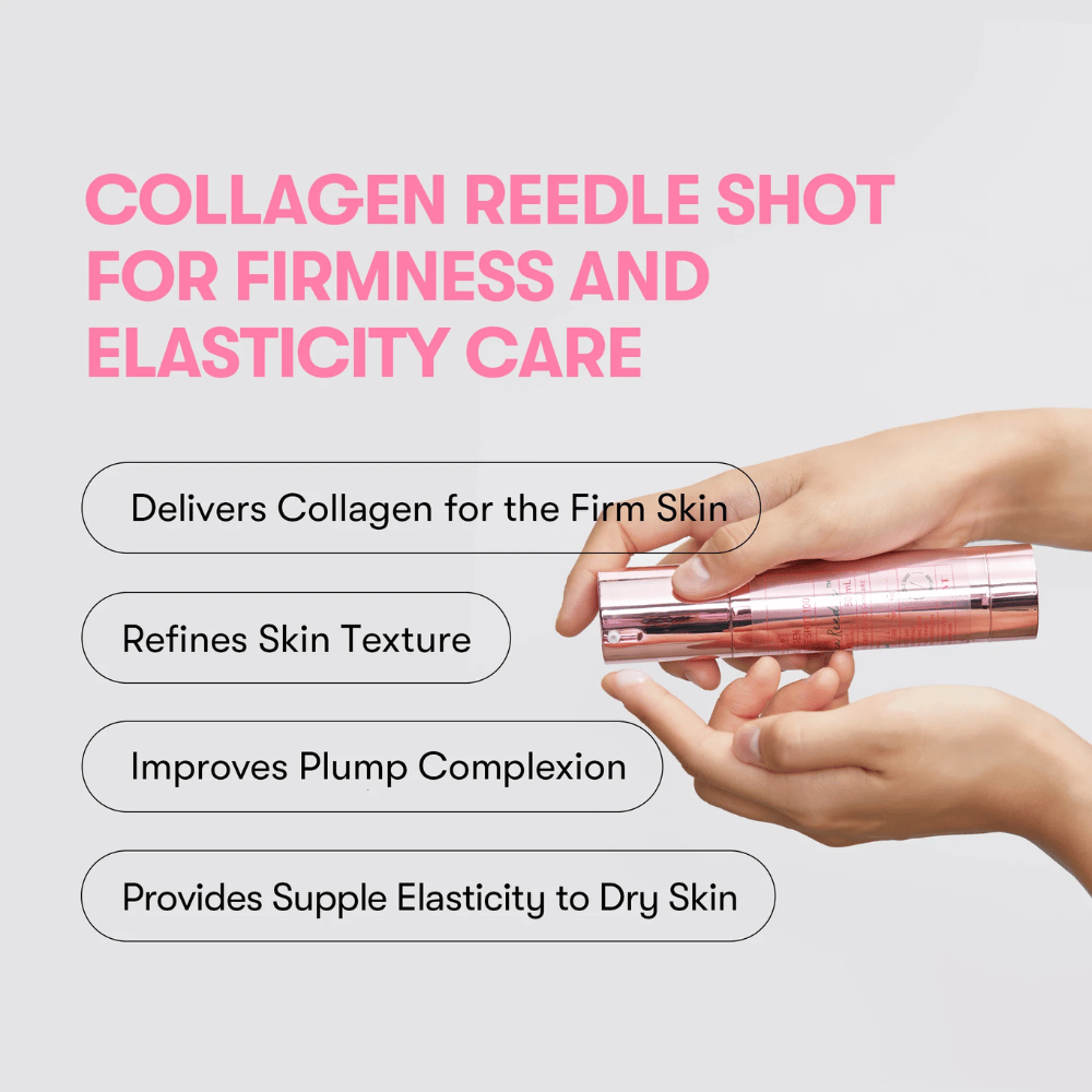 Personne tenant VT Collagen Reedle Shot 100. Le sérum renforce la fermeté de la peau, améliore la texture et offre une élasticité repulpée.