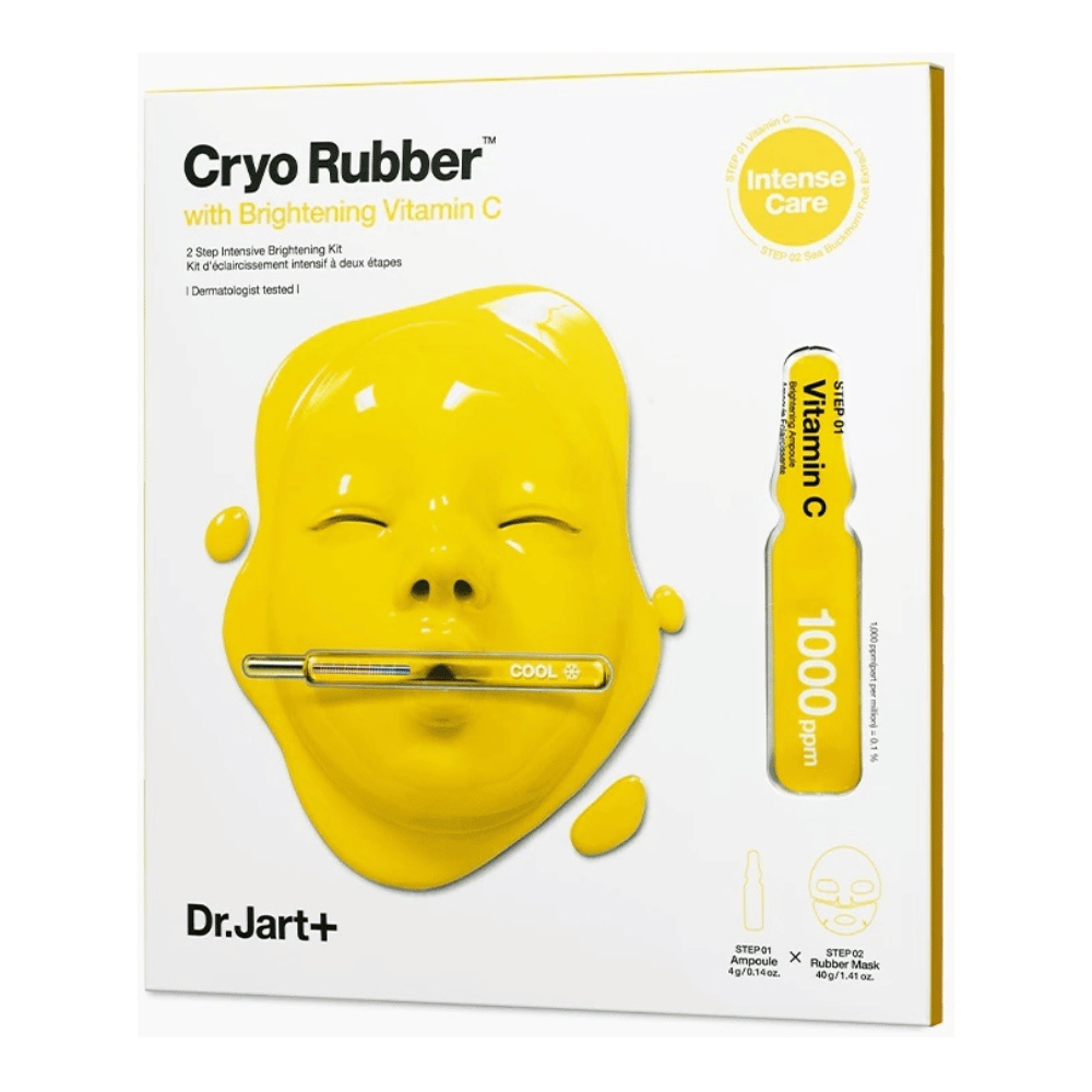 Dr.Jart+ produit de beauté nommé 'Cryo Rubber™ avec Vitamine C Éclaircissante'. L'emballage montre un masque facial jaune dégoulinant de liquide. Il est mentionné qu'il s'agit d'un 'KIT éclaircissant intensif en 2 étapes' et qu'il est 'testé dermatologiquement'. Illustration de 'Vitamine C 1000ppm' se trouve à droite.
