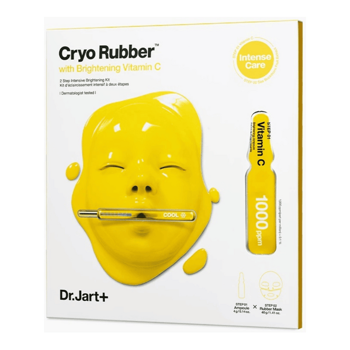 Dr.Jart+ produit de beauté nommé 'Cryo Rubber™ avec Vitamine C Éclaircissante'. L'emballage montre un masque facial jaune dégoulinant de liquide. Il est mentionné qu'il s'agit d'un 'KIT éclaircissant intensif en 2 étapes' et qu'il est 'testé dermatologiquement'. Illustration de 'Vitamine C 1000ppm' se trouve à droite.