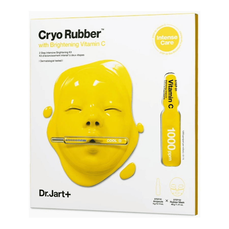 Dr.Jart+ produit de beauté nommé 'Cryo Rubber™ avec Vitamine C Éclaircissante'. L'emballage montre un masque facial jaune dégoulinant de liquide. Il est mentionné qu'il s'agit d'un 'KIT éclaircissant intensif en 2 étapes' et qu'il est 'testé dermatologiquement'. Illustration de 'Vitamine C 1000ppm' se trouve à droite.