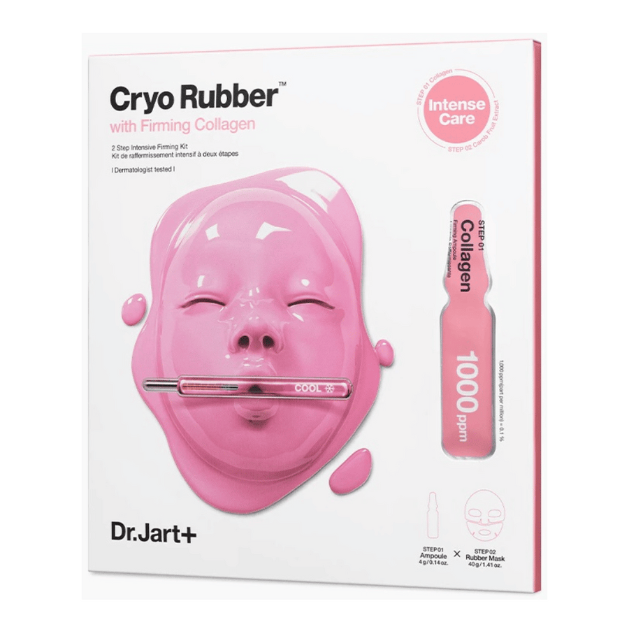 Une image de Dr.Jart+'s Cryo Rubber™ avec le produit Firming Collagen, montre un masque facial rose et une description du contenu.