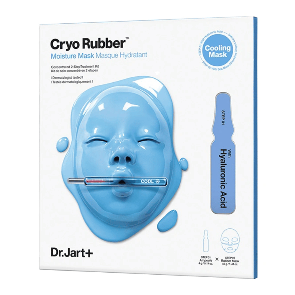 Emballage de Dr.Jart+ Cryo Rubber Moisture Mask avec un masque en forme de visage bleu et une ampoule d'acide hyaluronique, marquée comme "Cooling Mask" et guide d'utilisation étape par étape.