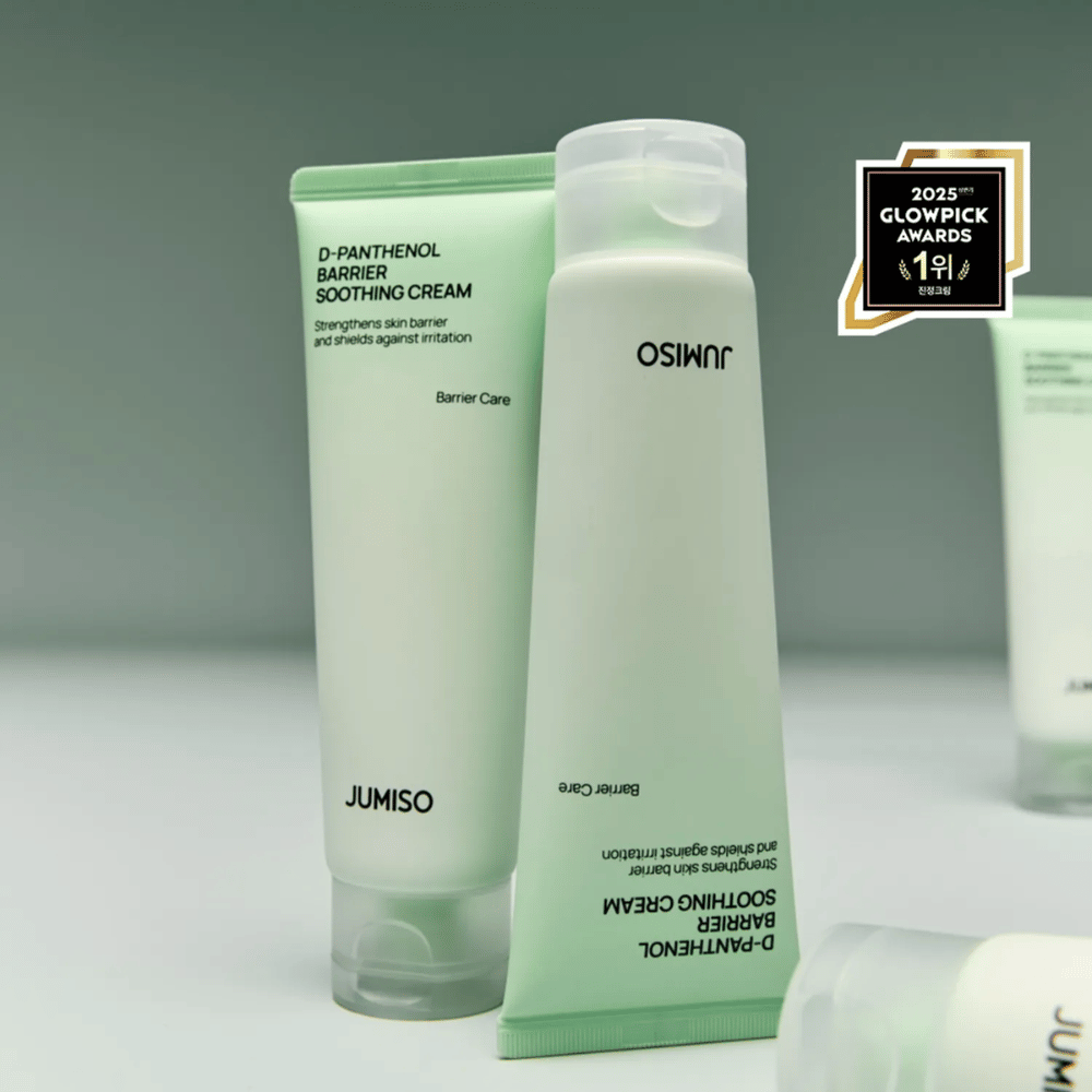 Jumiso D-Panthenol Barrier Soothing Cream en tube avec bouchon, photographié de côté avec le logo Glowpick Awards 2025.