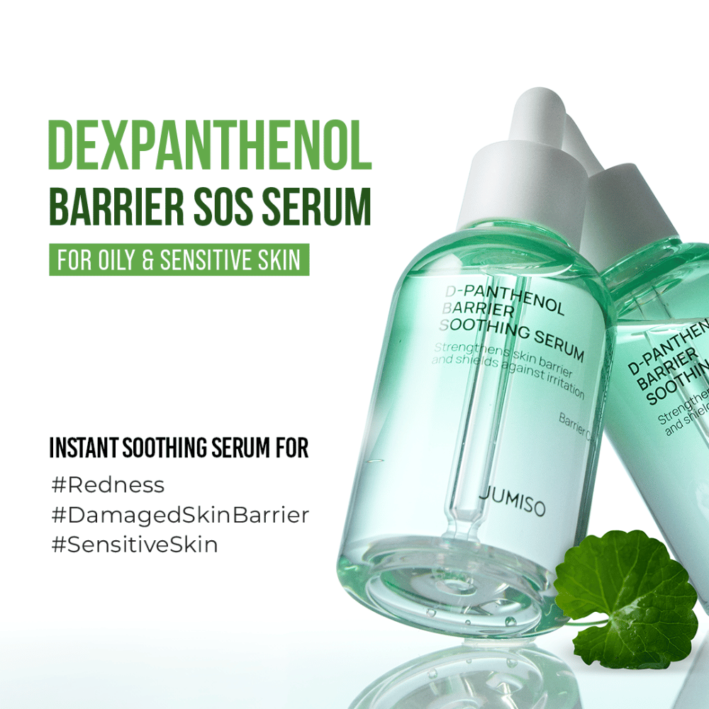 Image produit de Jumiso D-Panthenol Barrier Soothing Serum avec texte sur l'effet SOS pour la peau sensible, rougeurs et barrière cutanée endommagée.
