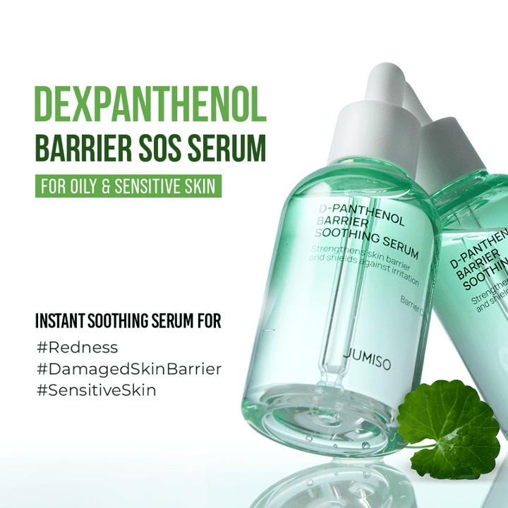 Image produit de Jumiso D-Panthenol Barrier Soothing Serum avec texte sur l'effet SOS pour la peau sensible, rougeurs et barrière cutanée endommagée.