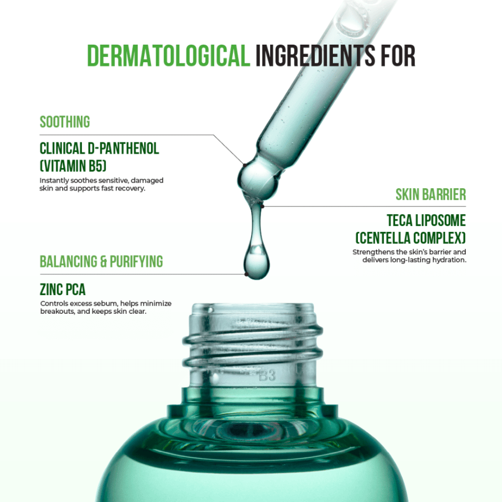 Gros plan sur une pipette avec sérum gouttant, ingrédients marqués tels que D-Panthenol, Zinc PCA et Centella Complex pour la barrière cutanée et l'hydratation.
