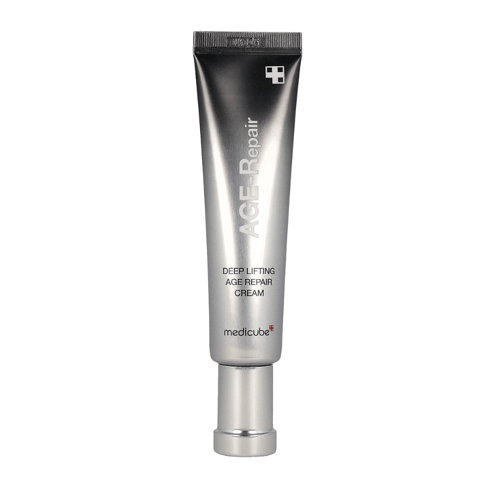 Image produit de Medicube Deep Lifting Age Repair Cream en tube argenté sur fond blanc.