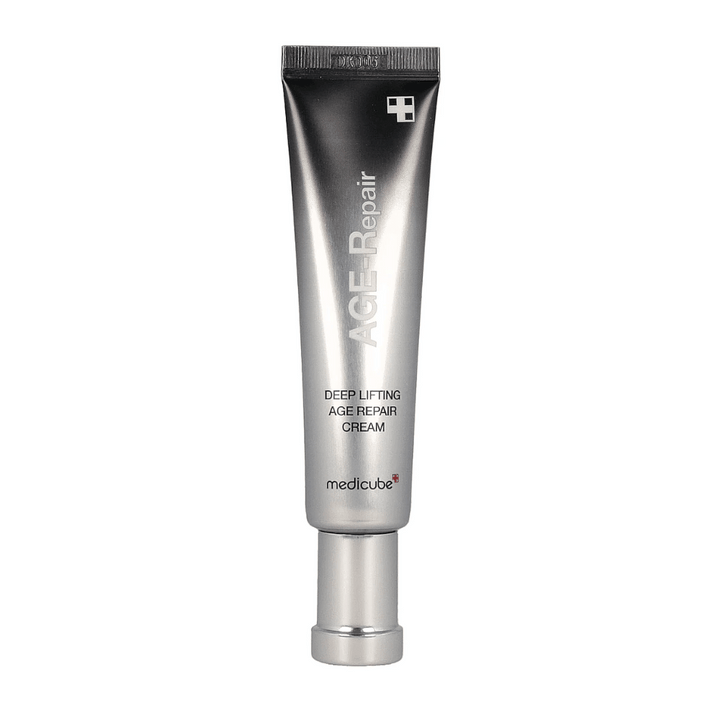 Image produit de Medicube Deep Lifting Age Repair Cream en tube argenté sur fond blanc.