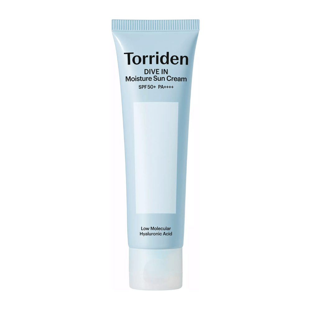 Torriden DIVE-IN Moisture Sun Cream SPF50+ PA++++ image du produit sur fond blanc avec de l’acide hyaluronique de bas poids moléculaire pour une hydratation intense et une protection UV.