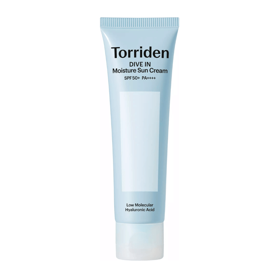 Torriden DIVE-IN Moisture Sun Cream SPF50+ PA++++ image du produit sur fond blanc avec de l’acide hyaluronique de bas poids moléculaire pour une hydratation intense et une protection UV.