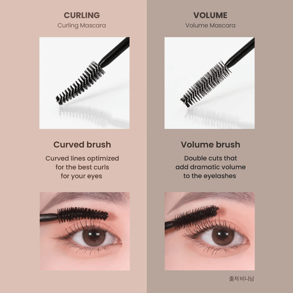 Comparaison entre Heimish Dailism Smudge Stop Mascara Recourbant et Volume qui montre la différence entre des cils recourbés et un volume intense.